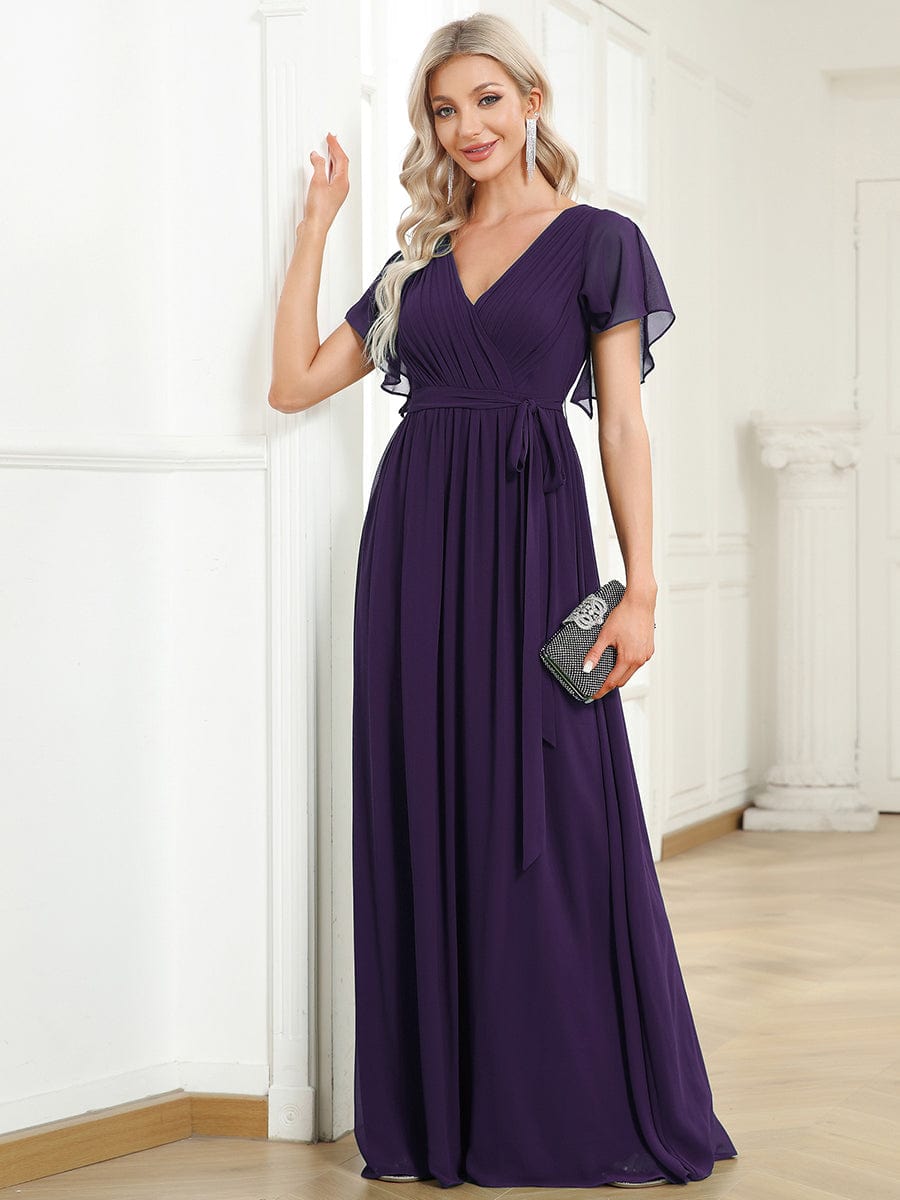 V-Neck Flutter Sleeve Floor-Length A-Line Chiffon Evening Dress #color_Dark Purple V-Neck Flutter Sleeve Floor-Length A-Line Chiffon Evening Dress #color_Dark Purple