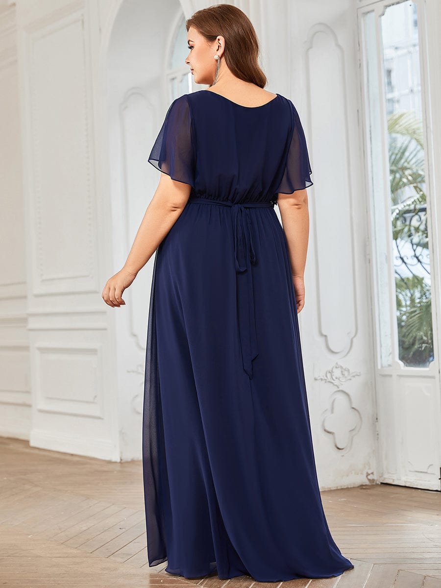 V-Neck Flutter Sleeve Floor-Length A-Line Chiffon Evening Dress #color_Navy Blue V-Neck Flutter Sleeve Floor-Length A-Line Chiffon Evening Dress #color_Navy Blue