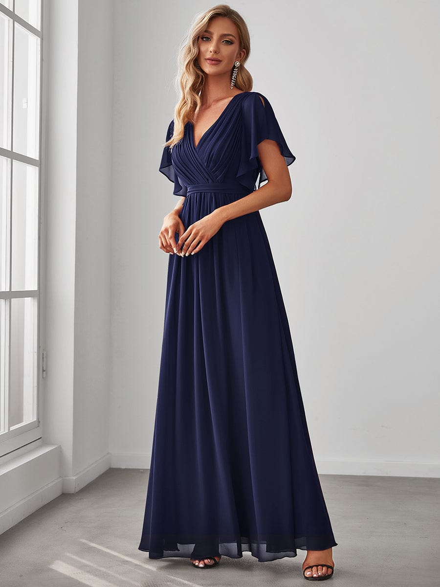 V-Neck Flutter Sleeve Floor-Length A-Line Chiffon Evening Dress #color_Navy Blue V-Neck Flutter Sleeve Floor-Length A-Line Chiffon Evening Dress #color_Navy Blue