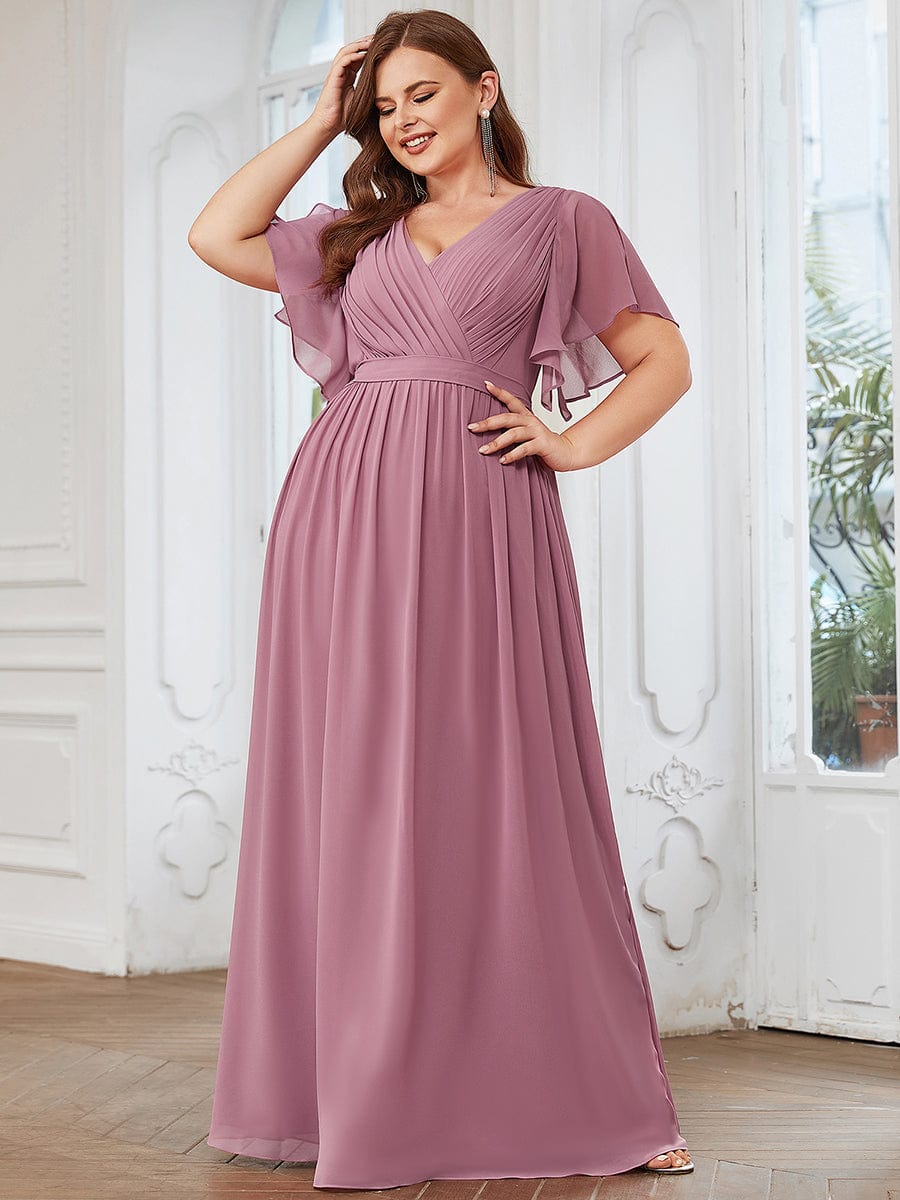 V-Neck Flutter Sleeve Floor-Length A-Line Chiffon Evening Dress #color_Purple Orchid V-Neck Flutter Sleeve Floor-Length A-Line Chiffon Evening Dress #color_Purple Orchid