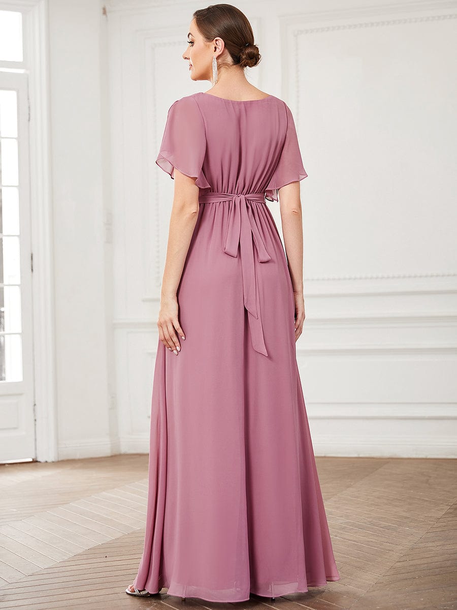 V-Neck Flutter Sleeve Floor-Length A-Line Chiffon Evening Dress #color_Purple Orchid V-Neck Flutter Sleeve Floor-Length A-Line Chiffon Evening Dress #color_Purple Orchid