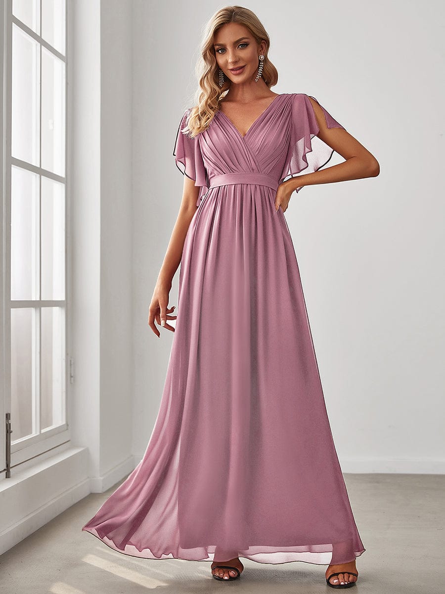 V-Neck Flutter Sleeve Floor-Length A-Line Chiffon Evening Dress #color_Purple Orchid V-Neck Flutter Sleeve Floor-Length A-Line Chiffon Evening Dress #color_Purple Orchid
