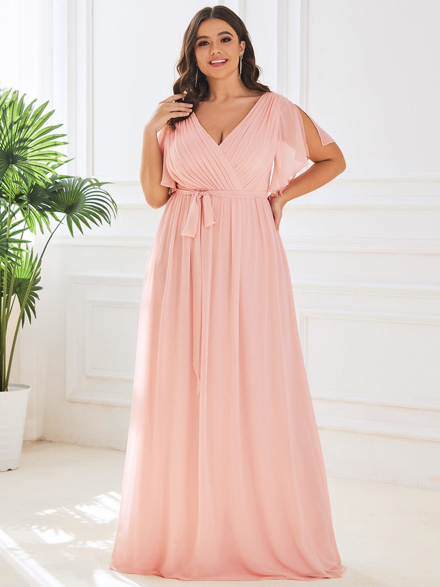 V-Neck Flutter Sleeve Floor-Length A-Line Chiffon Evening Dress #color_Pink V-Neck Flutter Sleeve Floor-Length A-Line Chiffon Evening Dress #color_Pink