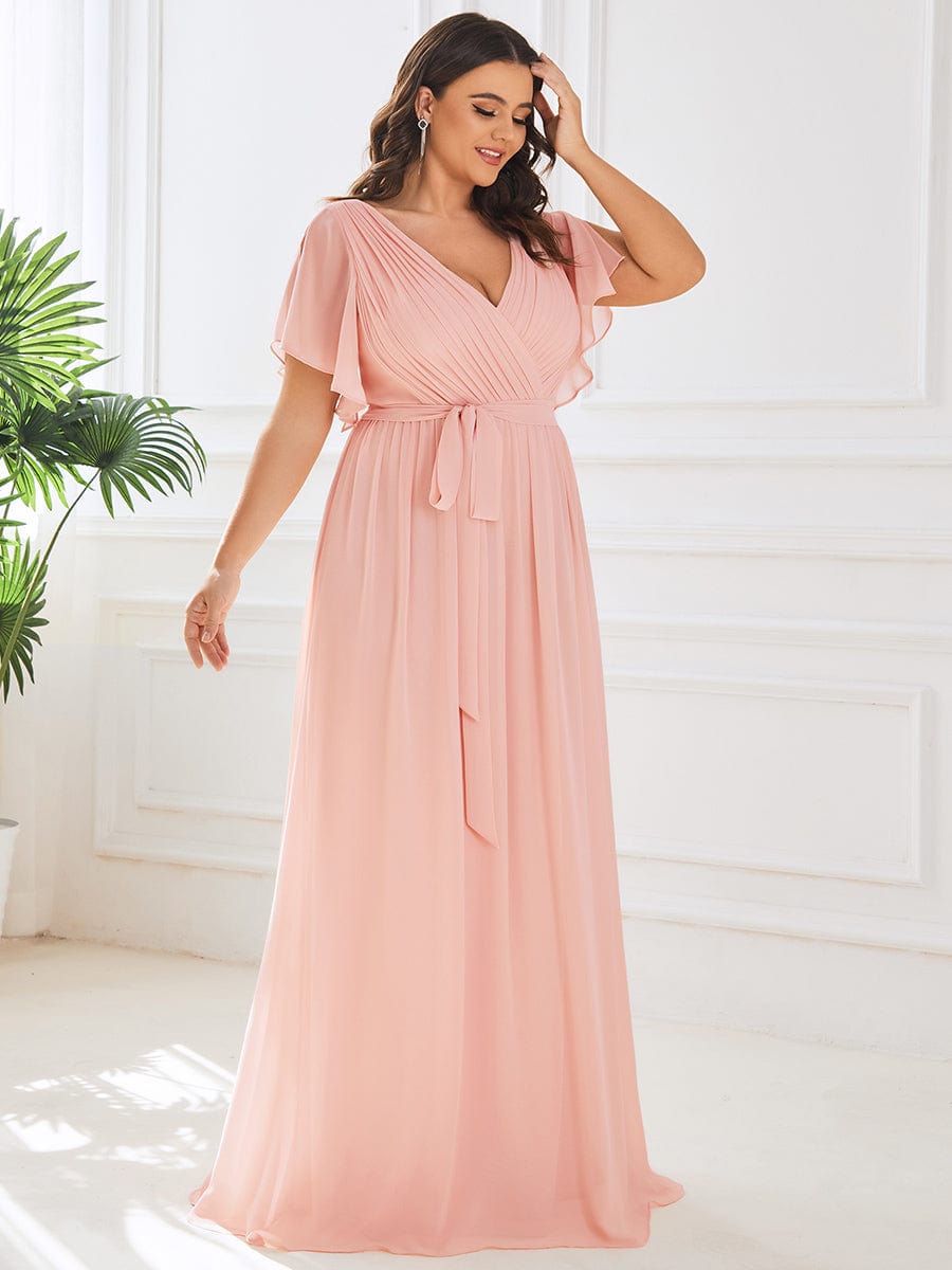 V-Neck Flutter Sleeve Floor-Length A-Line Chiffon Evening Dress #color_Pink V-Neck Flutter Sleeve Floor-Length A-Line Chiffon Evening Dress #color_Pink
