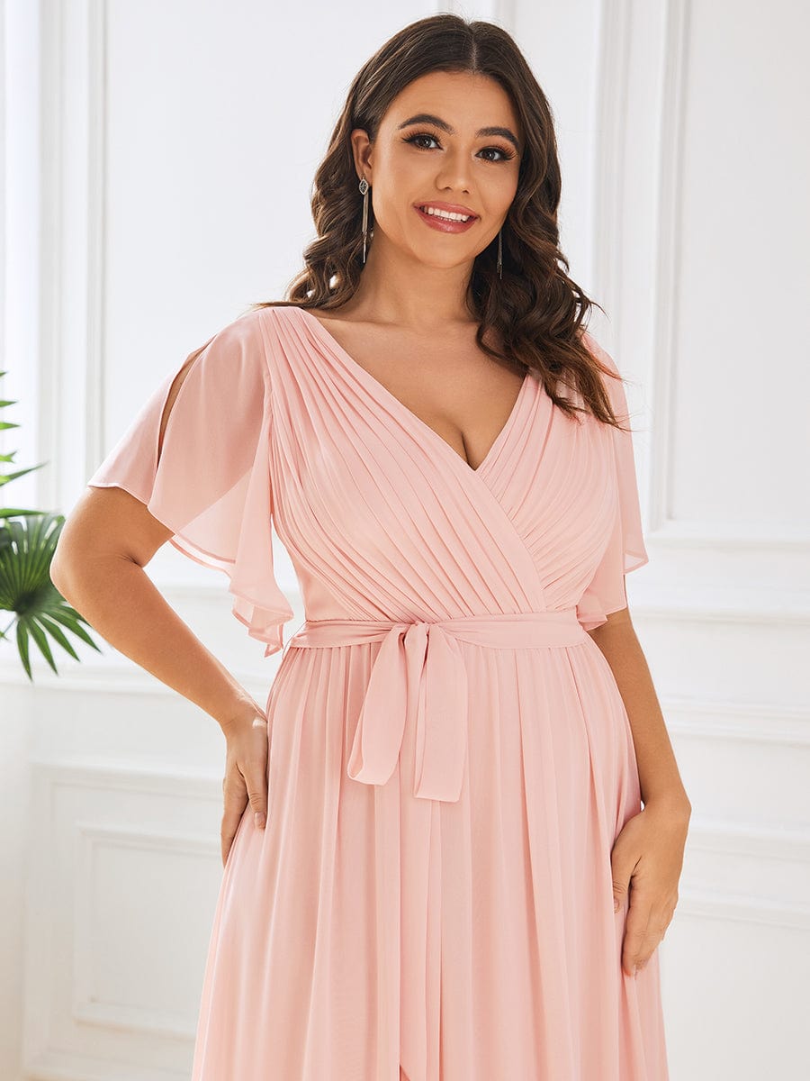 V-Neck Flutter Sleeve Floor-Length A-Line Chiffon Evening Dress #color_Pink V-Neck Flutter Sleeve Floor-Length A-Line Chiffon Evening Dress #color_Pink