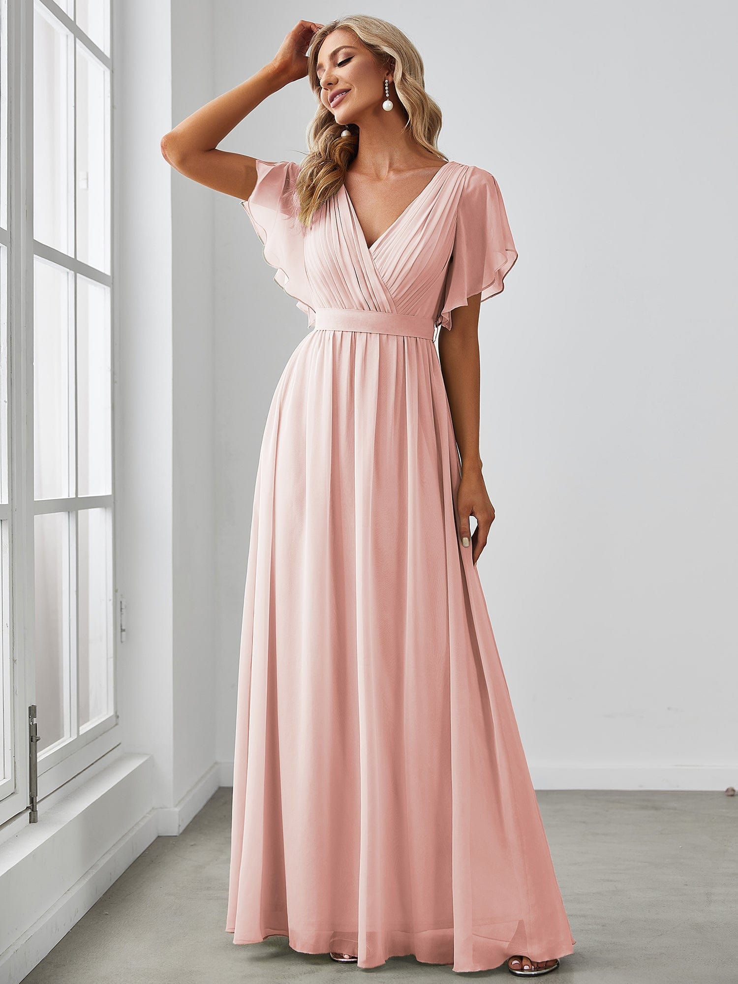 V-Neck Flutter Sleeve Floor-Length A-Line Chiffon Evening Dress #color_Pink V-Neck Flutter Sleeve Floor-Length A-Line Chiffon Evening Dress #color_Pink