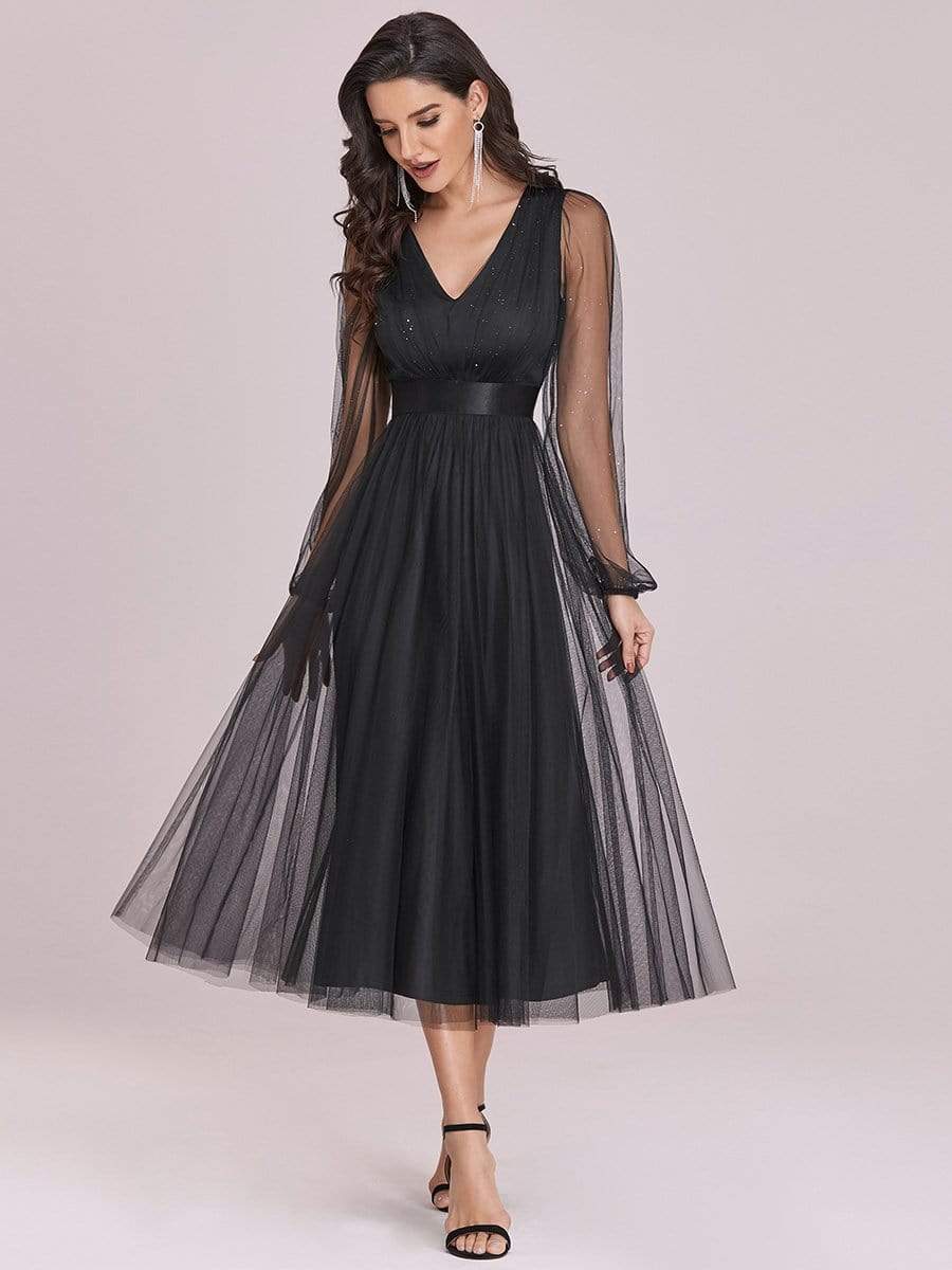 Color=Black | Shiny Ruched Bodice Tulle Midi Evening Dress With Waistband-Black 4 Color=Black | Shiny Ruched Bodice Tulle Midi Evening Dress With Waistband-Black 4