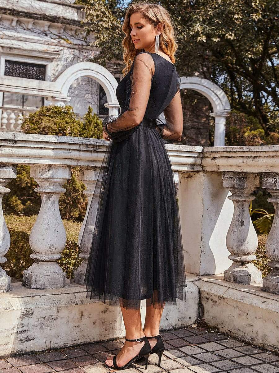 Color=Black | Shiny Ruched Bodice Tulle Midi Evening Dress With Waistband-Black 2 Color=Black | Shiny Ruched Bodice Tulle Midi Evening Dress With Waistband-Black 2