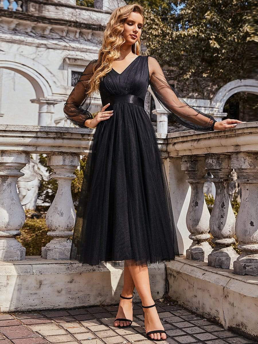 Color=Black | Shiny Ruched Bodice Tulle Midi Evening Dress With Waistband-Black 1 Color=Black | Shiny Ruched Bodice Tulle Midi Evening Dress With Waistband-Black 1