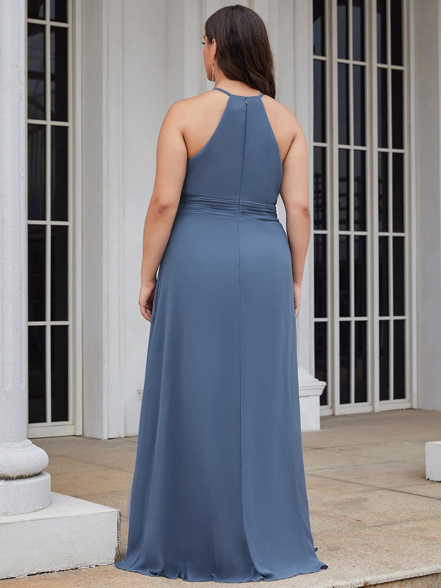 Color=Dusty Navy | Elegant Plus Size Halter Pleated Slit Long Evening Dress-Dusty Navy 2 Color=Dusty Navy | Elegant Plus Size Halter Pleated Slit Long Evening Dress-Dusty Navy 2