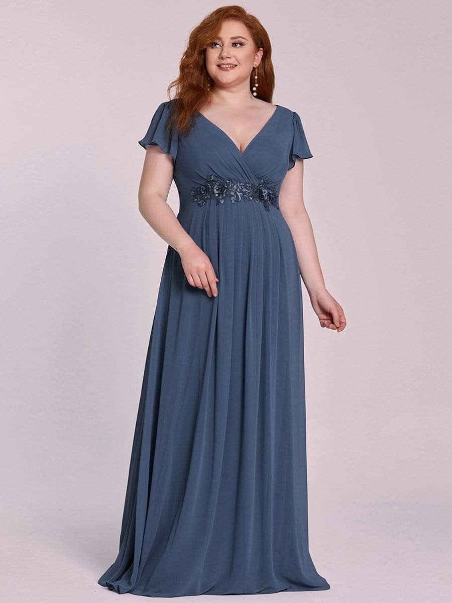 Color=Dusty Navy | Comfortable Chiffon Ruffle Sleeves Deep V Embroidered Floor Length Plus Size Evening Dress-Dusty Navy 3 Color=Dusty Navy | Comfortable Chiffon Ruffle Sleeves Deep V Embroidered Floor Length Plus Size Evening Dress-Dusty Navy 3
