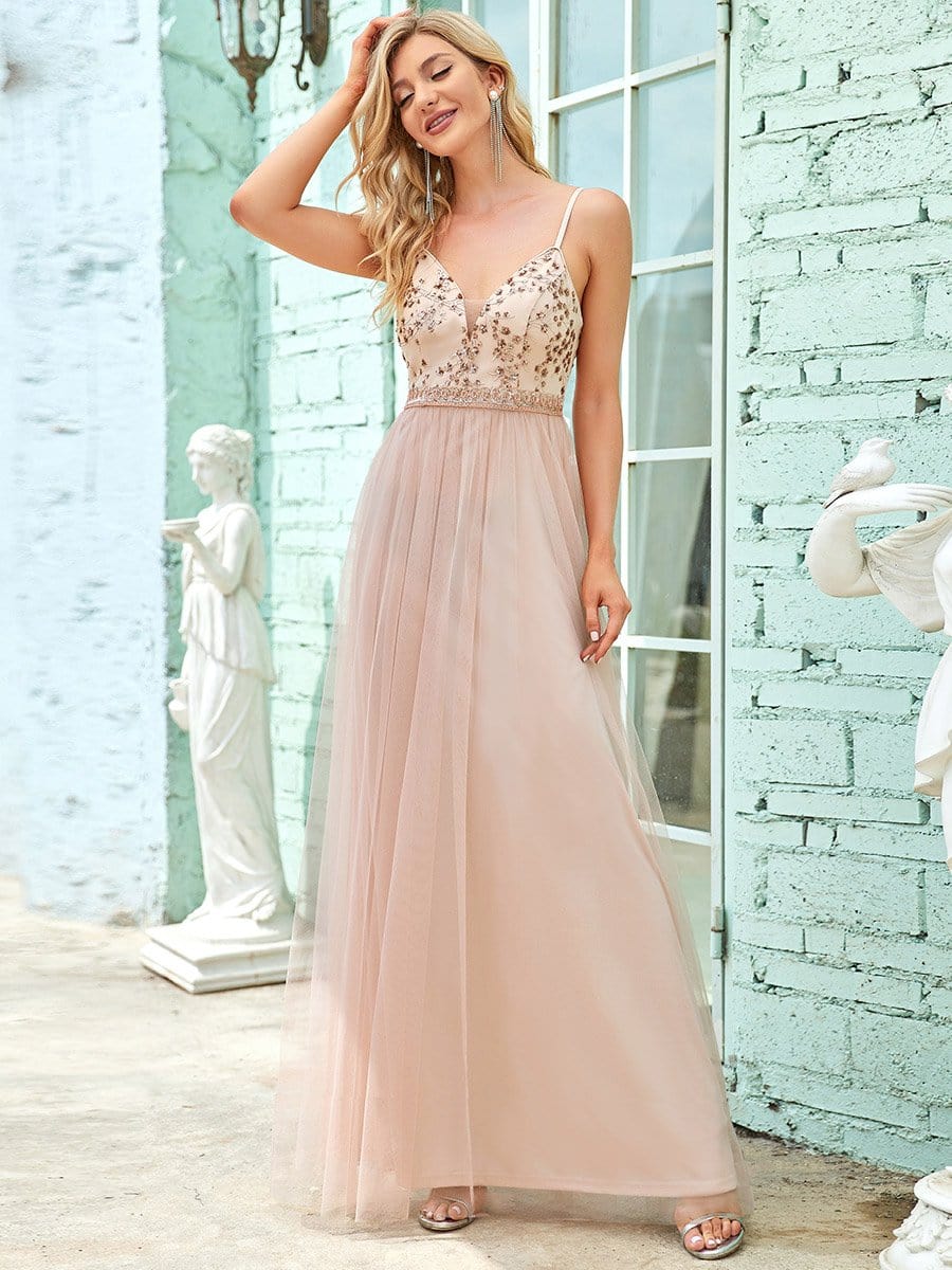 Color=Blush | Spaghetti Straps Sleeveless Deep V Paillette Floor-Length Tulle Evening Dress-Blush 4 Color=Blush | Spaghetti Straps Sleeveless Deep V Paillette Floor-Length Tulle Evening Dress-Blush 4