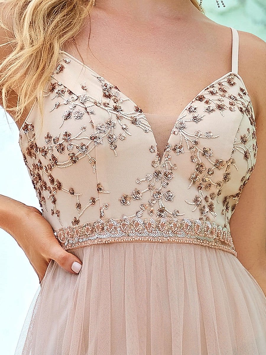 Color=Blush | Spaghetti Straps Sleeveless Deep V Paillette Floor-Length Tulle Evening Dress-Blush 3 Color=Blush | Spaghetti Straps Sleeveless Deep V Paillette Floor-Length Tulle Evening Dress-Blush 3