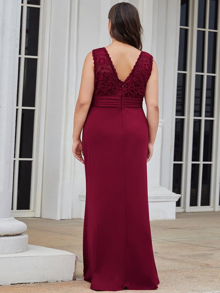 Color=Burgundy | Plus Size V Neck Lace Long Mermaid Evening Dress-Burgundy 2 Color=Burgundy | Plus Size V Neck Lace Long Mermaid Evening Dress-Burgundy 2
