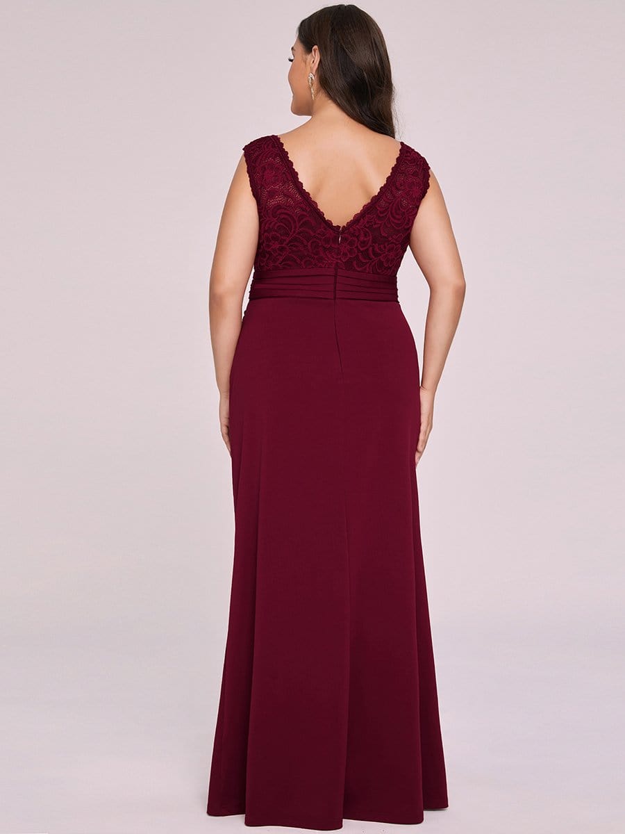 Color=Burgundy | Plus Size V Neck Lace Long Mermaid Evening Dress-Burgundy 5 Color=Burgundy | Plus Size V Neck Lace Long Mermaid Evening Dress-Burgundy 5