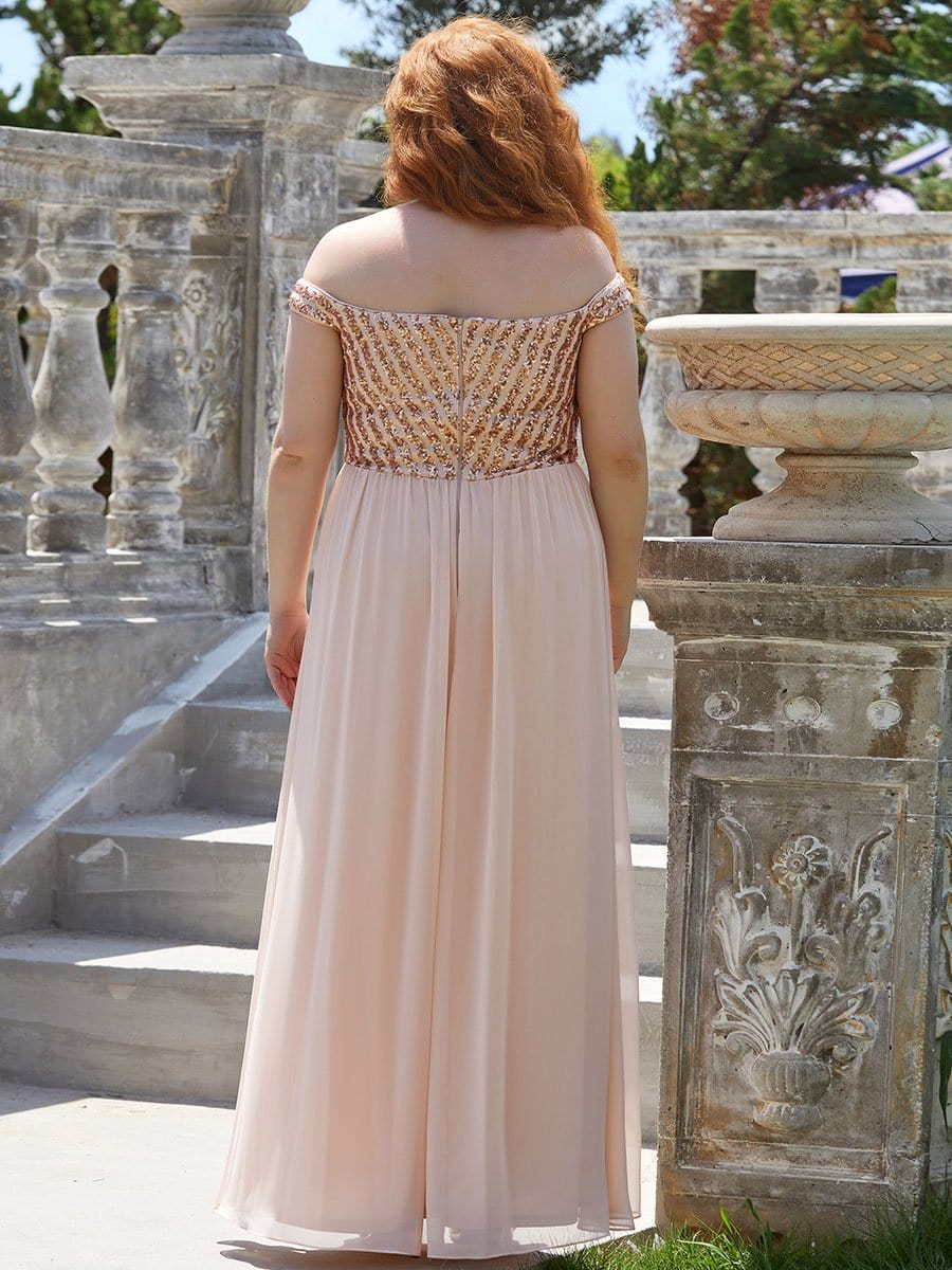 Color=Blush | Elegant A-Line Plus Size Off The Shoulder Paillette Maxi Evening Dress-Blush 2 Color=Blush | Elegant A-Line Plus Size Off The Shoulder Paillette Maxi Evening Dress-Blush 2