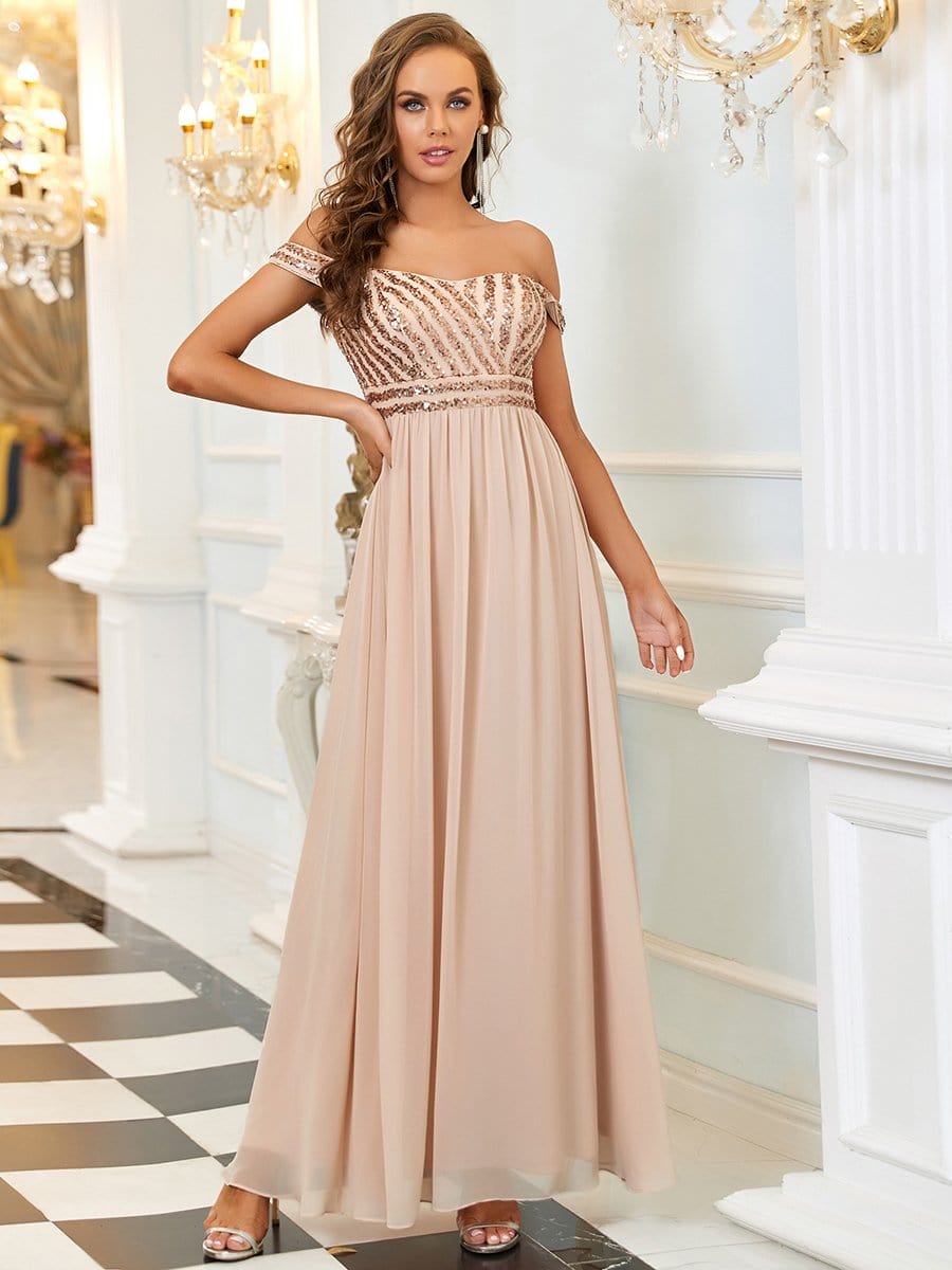 Color=Blush | A-Line Off Shoulder Shining Paillette Floor Length Evening Dress-Blush 1 Color=Blush | A-Line Off Shoulder Shining Paillette Floor Length Evening Dress-Blush 1
