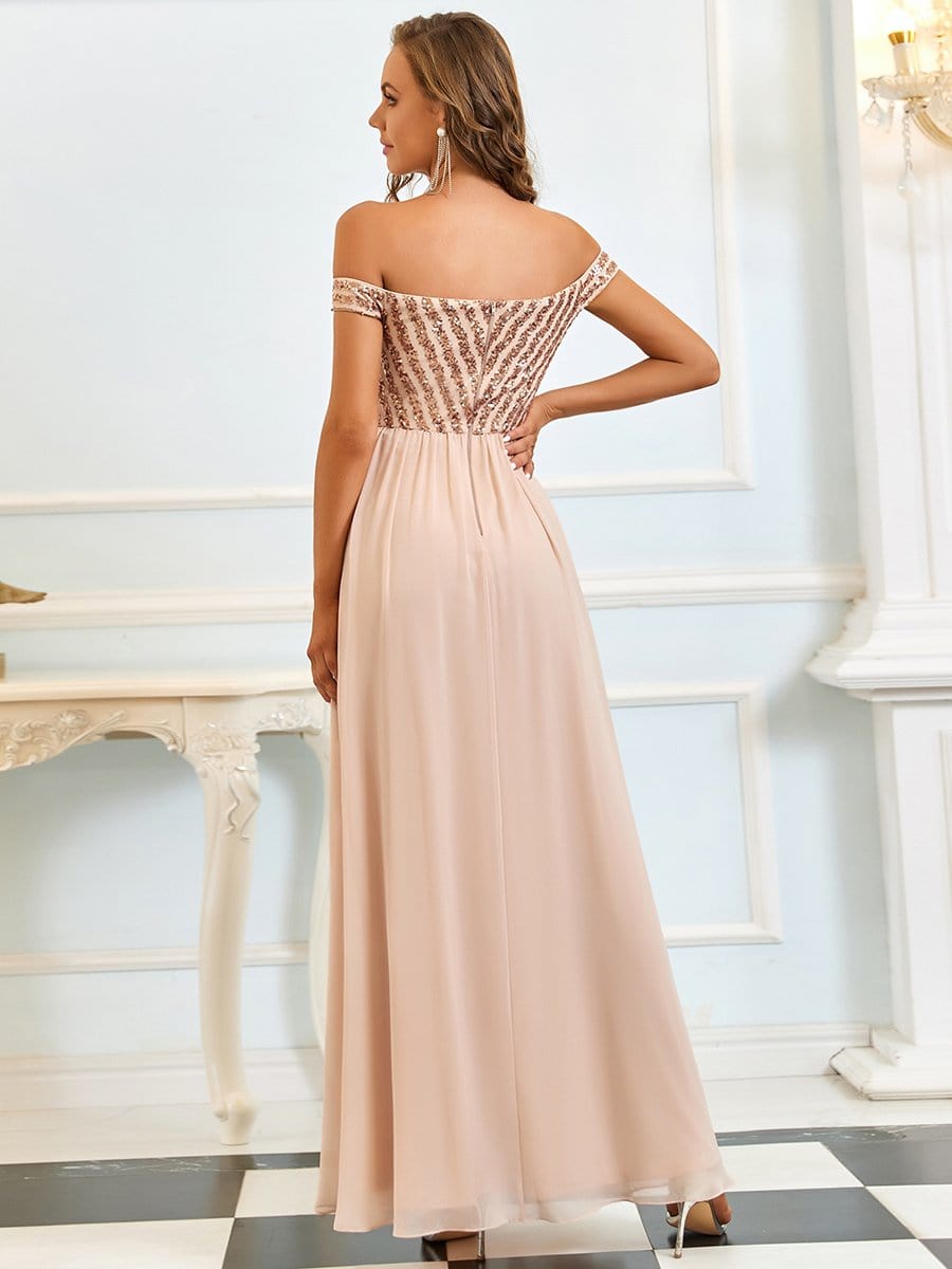 Color=Blush | A-Line Off Shoulder Shining Paillette Floor Length Evening Dress-Blush 2 Color=Blush | A-Line Off Shoulder Shining Paillette Floor Length Evening Dress-Blush 2