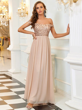 Color=Blush | A-Line Off Shoulder Shining Paillette Floor Length Evening Dress-Blush 3