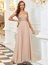 Color=Blush | A-Line Off Shoulder Shining Paillette Floor Length Evening Dress-Blush 1