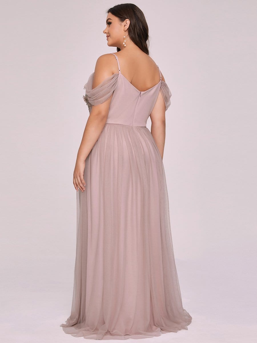 Color=Pink | Plus Size V Neck Spaghetti Straps Applique Evening Dress-Pink 5 Color=Pink | Plus Size V Neck Spaghetti Straps Applique Evening Dress-Pink 5