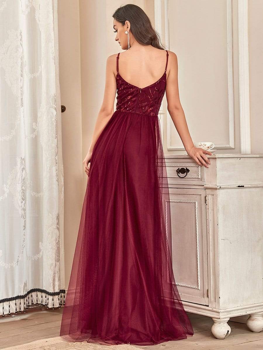 Color=Burgundy | V Neck Spaghetti Strap Embroidered Floor Length Evening Dress-Burgundy 2 Color=Burgundy | V Neck Spaghetti Strap Embroidered Floor Length Evening Dress-Burgundy 2