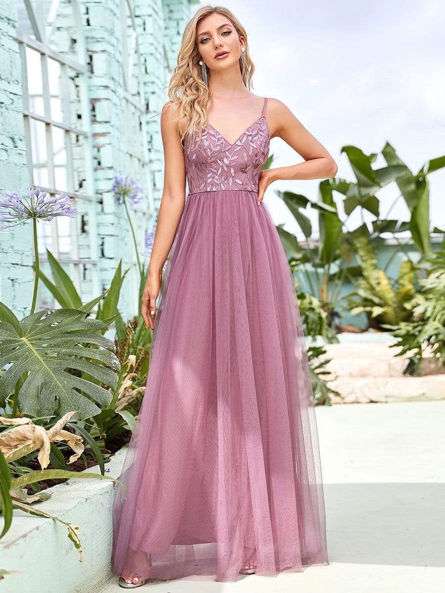 Color=Purple Orchid | Sleeveless Spaghetti Strap V Neck Embroidered Floor Length Evening Dress-Purple Orchid 1 Color=Purple Orchid | Sleeveless Spaghetti Strap V Neck Embroidered Floor Length Evening Dress-Purple Orchid 1