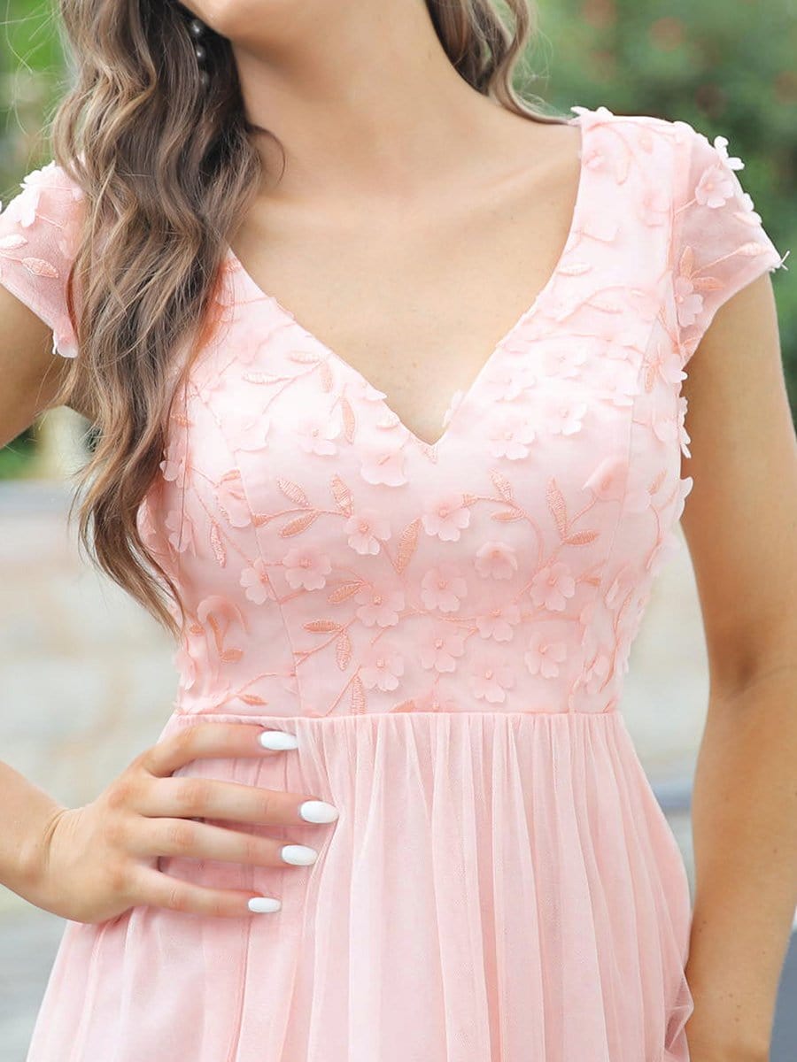 Color=Pink | Cute Short Cover Sleeves Sweetheart Floral Bodice Midi Evening Dress-Pink 4 Color=Pink | Cute Short Cover Sleeves Sweetheart Floral Bodice Midi Evening Dress-Pink 4