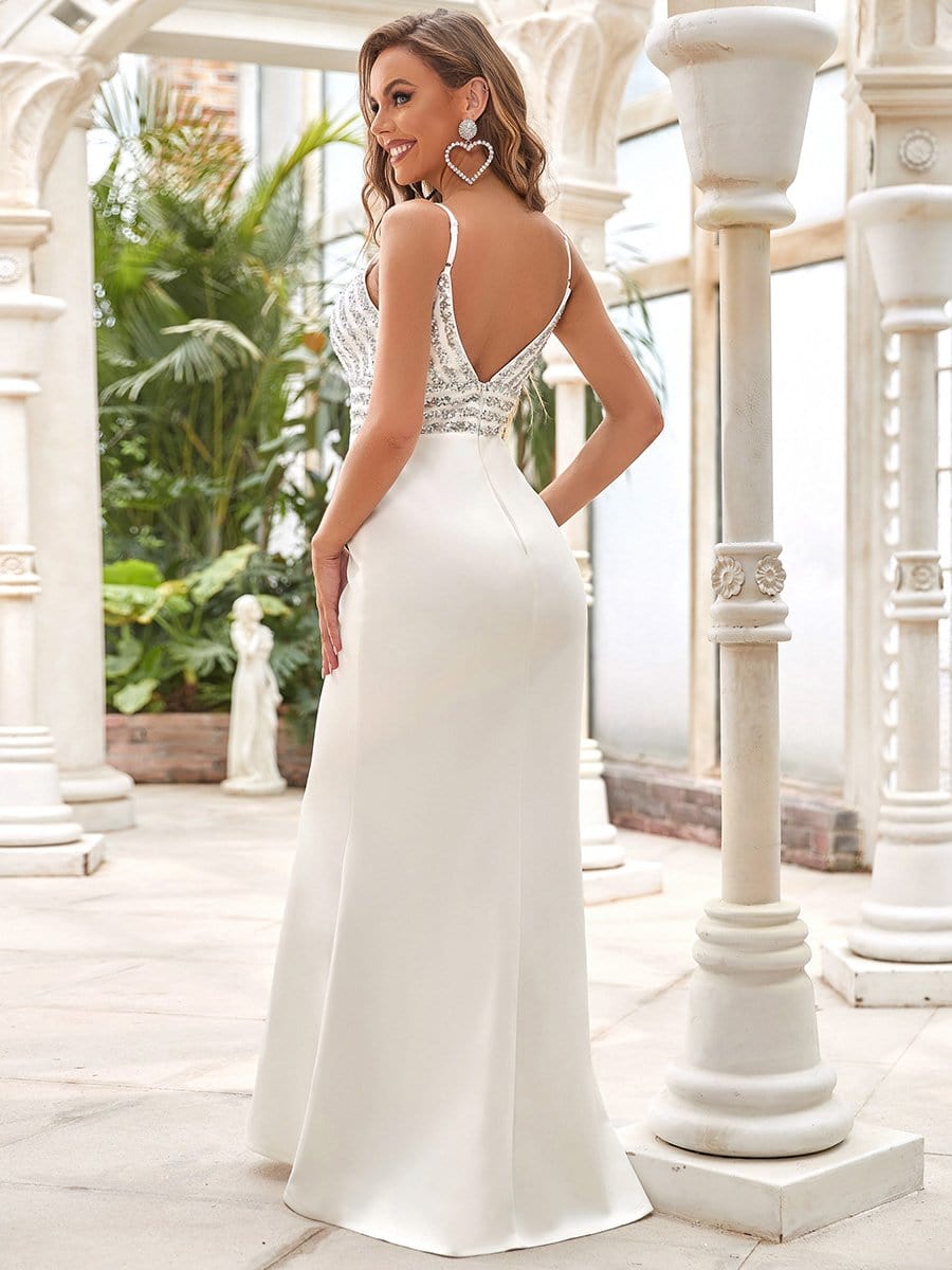 Color=Cream | Elegant Deep V-Neck Spaghetti-Strap Sequin Mermaid Evening Dress-Cream 2 Color=Cream | Elegant Deep V-Neck Spaghetti-Strap Sequin Mermaid Evening Dress-Cream 2
