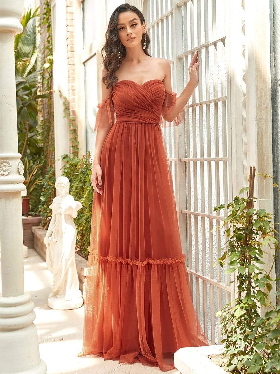 Color=Burnt Orange | Off The Shoulder Sweetheart Pleated Tulle Evening Dress-Burnt Orange 3 Color=Burnt Orange | Off The Shoulder Sweetheart Pleated Tulle Evening Dress-Burnt Orange 3