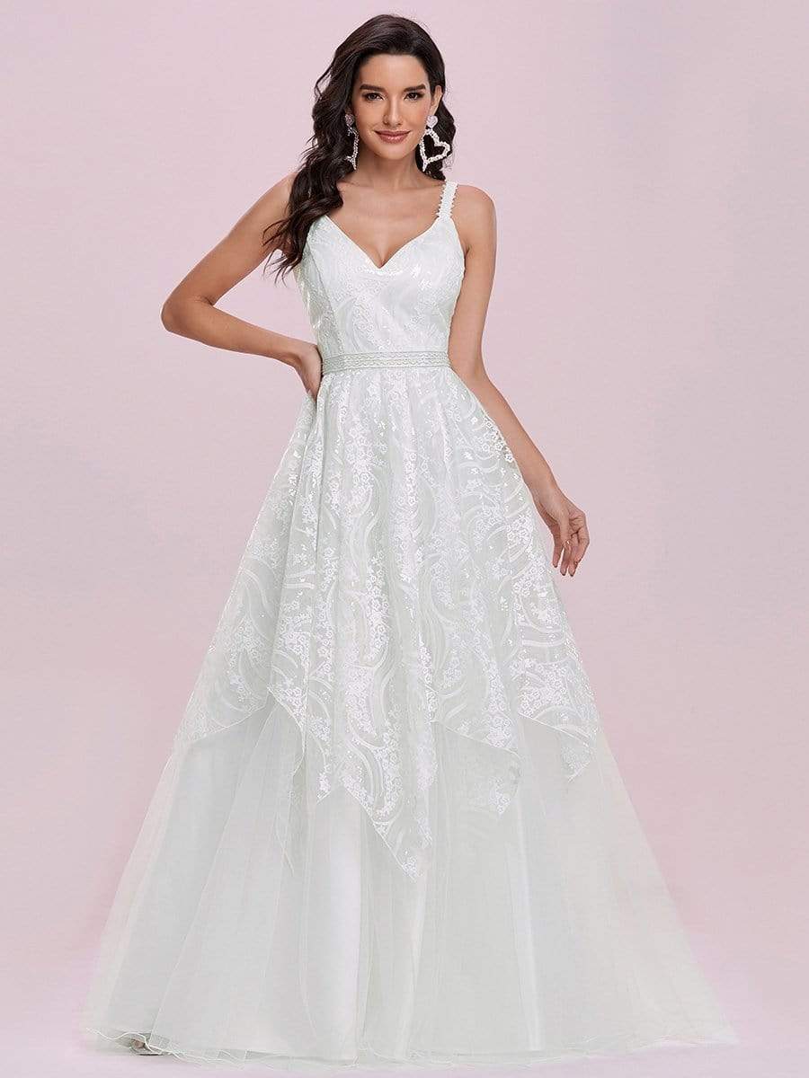 Color=Cream | Elegant Sleeveless Floor Length V-Neck Wedding Gown-Cream 4 Color=Cream | Elegant Sleeveless Floor Length V-Neck Wedding Gown-Cream 4