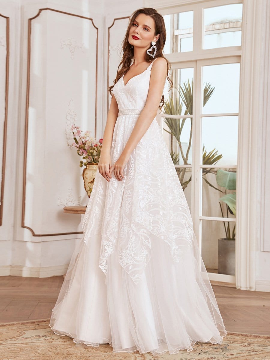 Color=Cream | Elegant Sleeveless Floor Length V-Neck Wedding Gown-Cream 3 Color=Cream | Elegant Sleeveless Floor Length V-Neck Wedding Gown-Cream 3