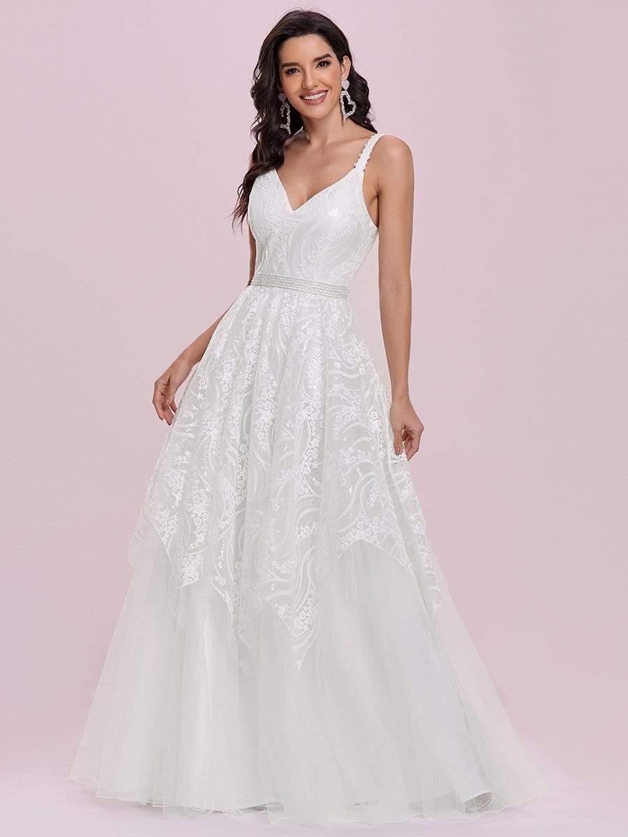 Color=Cream | Elegant Sleeveless Floor Length V-Neck Wedding Gown-Cream 7 Color=Cream | Elegant Sleeveless Floor Length V-Neck Wedding Gown-Cream 7