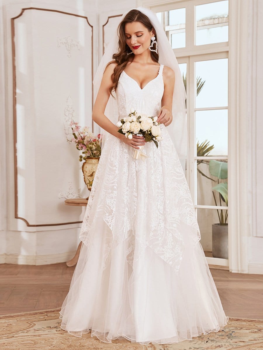 Color=Cream | Elegant Sleeveless Floor Length V-Neck Wedding Gown-Cream 1 Color=Cream | Elegant Sleeveless Floor Length V-Neck Wedding Gown-Cream 1