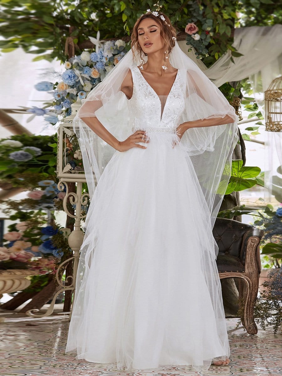 Color=Cream | Sleeveless Double V Embroidered Tassel Waist Tulle Wedding Dress-Cream 1 Color=Cream | Sleeveless Double V Embroidered Tassel Waist Tulle Wedding Dress-Cream 1