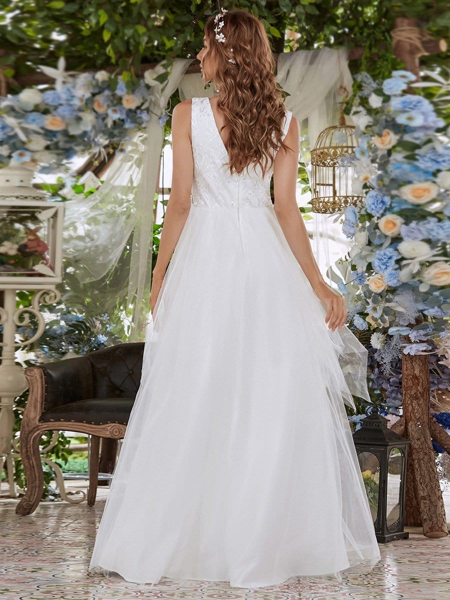 Color=Cream | Sleeveless Double V Embroidered Tassel Waist Tulle Wedding Dress-Cream 2 Color=Cream | Sleeveless Double V Embroidered Tassel Waist Tulle Wedding Dress-Cream 2