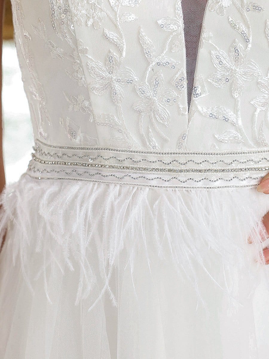 Color=Cream | Sleeveless Double V Embroidered Tassel Waist Tulle Wedding Dress-Cream 3 Color=Cream | Sleeveless Double V Embroidered Tassel Waist Tulle Wedding Dress-Cream 3