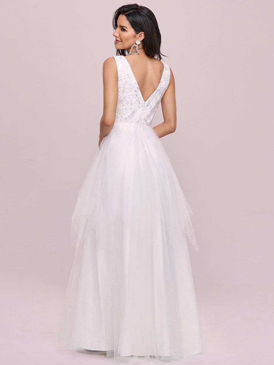 Color=Cream | Sleeveless Double V Embroidered Tassel Waist Tulle Wedding Dress-Cream 5 Color=Cream | Sleeveless Double V Embroidered Tassel Waist Tulle Wedding Dress-Cream 5