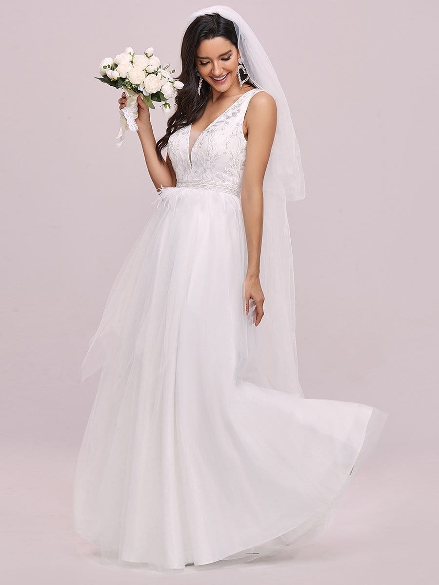Color=Cream | Sleeveless Double V Embroidered Tassel Waist Tulle Wedding Dress-Cream 4 Color=Cream | Sleeveless Double V Embroidered Tassel Waist Tulle Wedding Dress-Cream 4