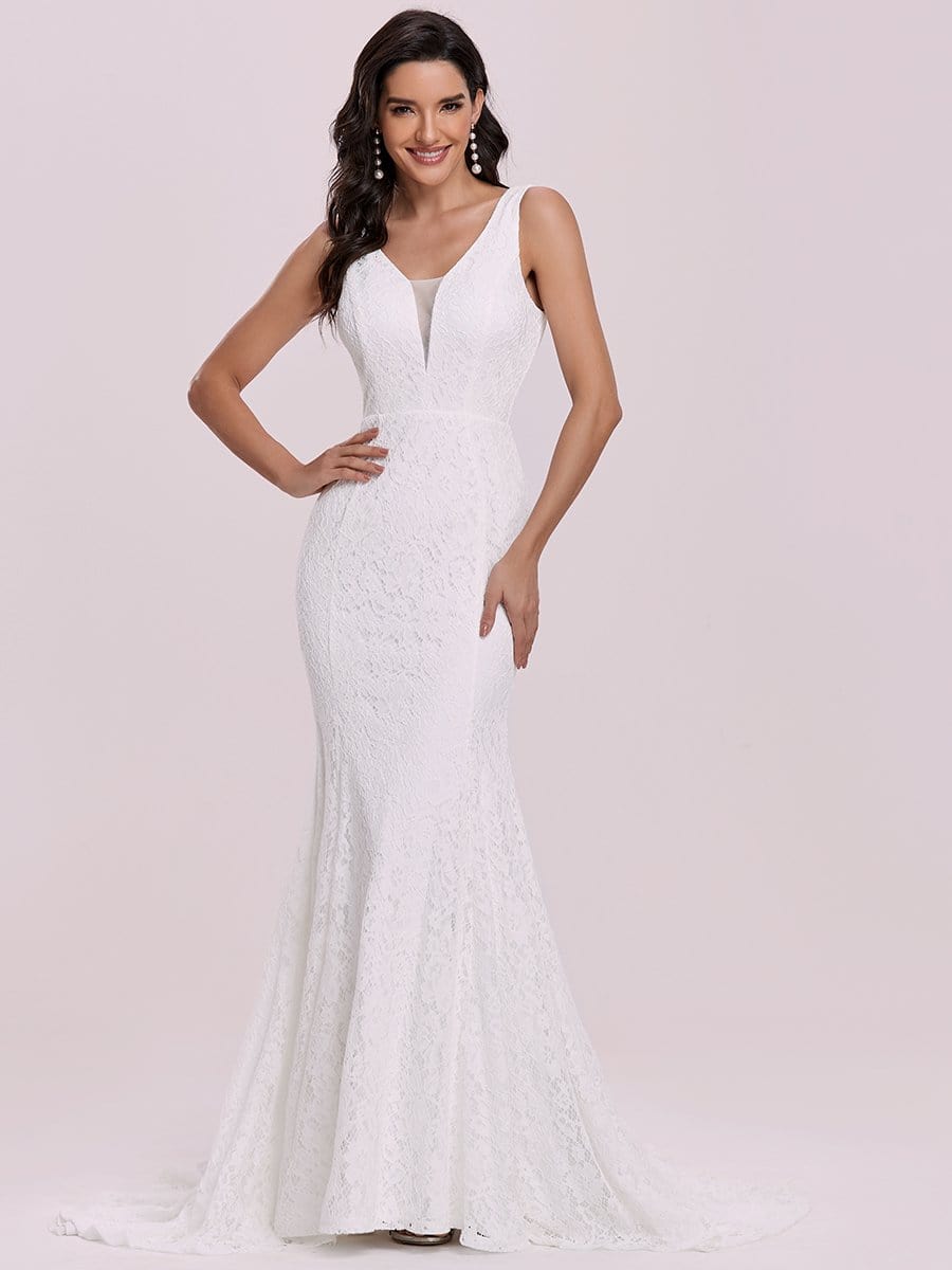 Color=Cream | Sleeveless Lace Applique Deep V Trumpet Skirt Trail Wedding Dress-Cream 4 Color=Cream | Sleeveless Lace Applique Deep V Trumpet Skirt Trail Wedding Dress-Cream 4