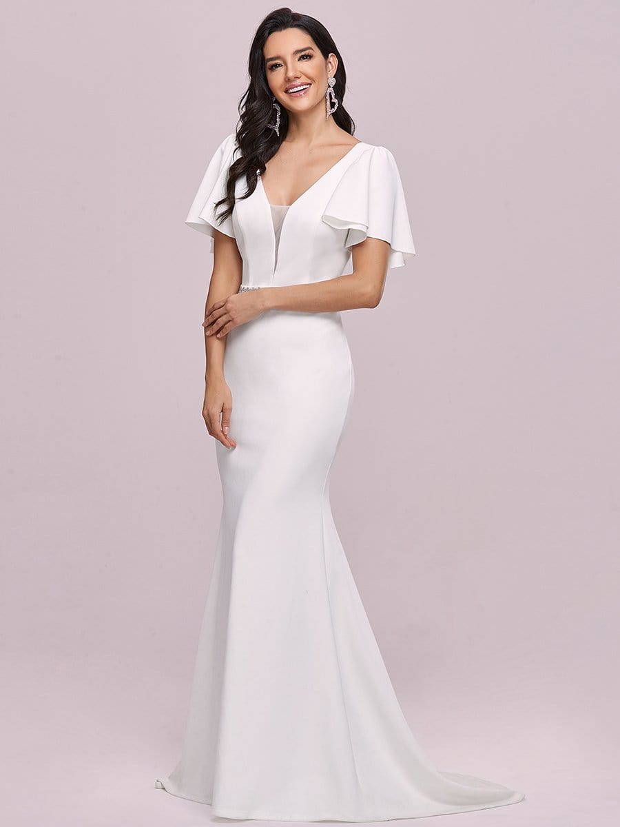 Color=Cream | Deep V Neck Pagoda Sleeve Contouring Long Evening Dresses-Cream 4 Color=Cream | Deep V Neck Pagoda Sleeve Contouring Long Evening Dresses-Cream 4