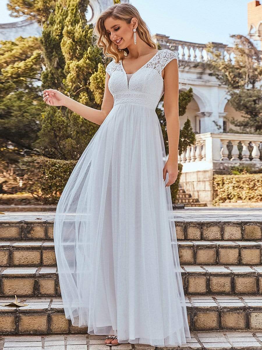 Color=Cream | Cap Sleeve Lace V-Neck Floor Length A-Line Wedding Dress-Cream 3 Color=Cream | Cap Sleeve Lace V-Neck Floor Length A-Line Wedding Dress-Cream 3