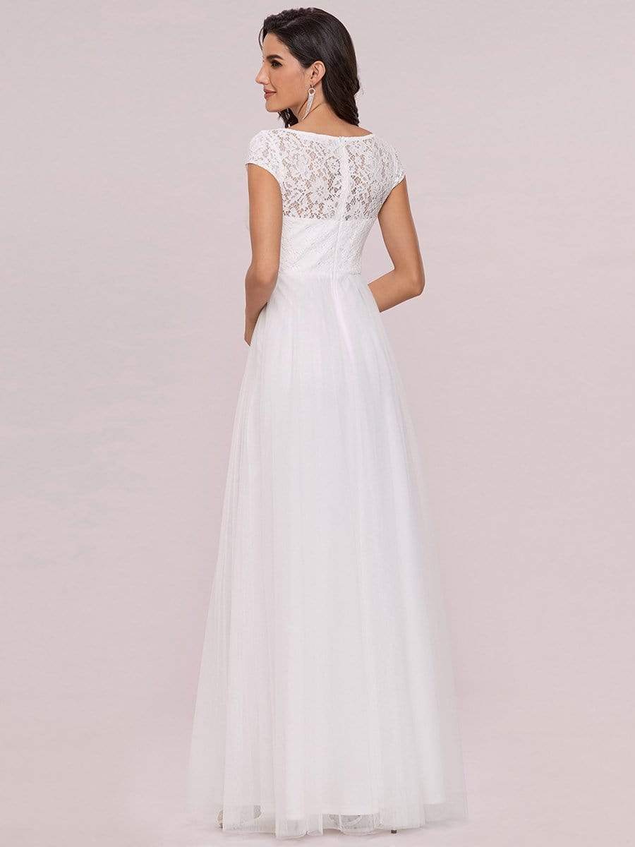 Color=Cream | Cap Sleeve Lace V-Neck Floor Length A-Line Wedding Dress-Cream 5 Color=Cream | Cap Sleeve Lace V-Neck Floor Length A-Line Wedding Dress-Cream 5