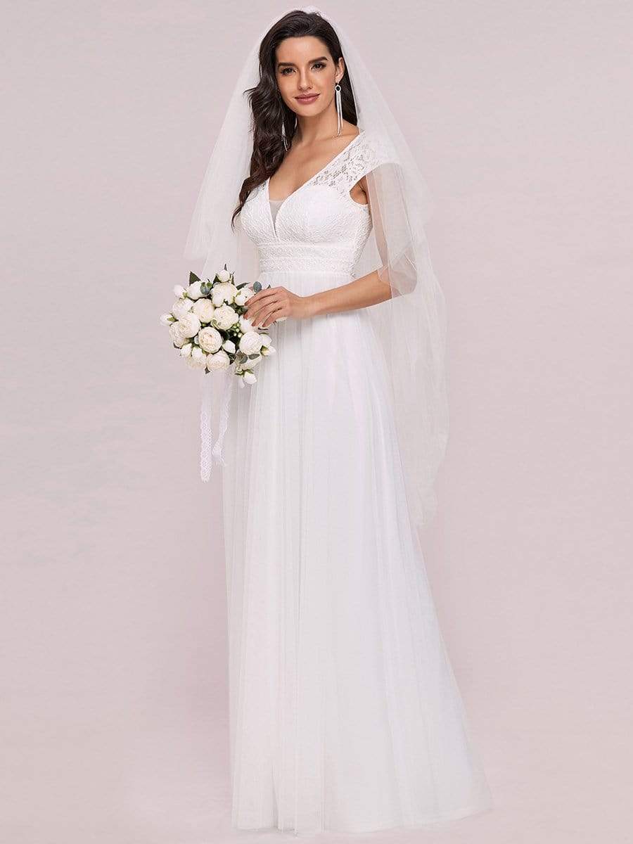 Color=Cream | Cap Sleeve Lace V-Neck Floor Length A-Line Wedding Dress-Cream 4 Color=Cream | Cap Sleeve Lace V-Neck Floor Length A-Line Wedding Dress-Cream 4