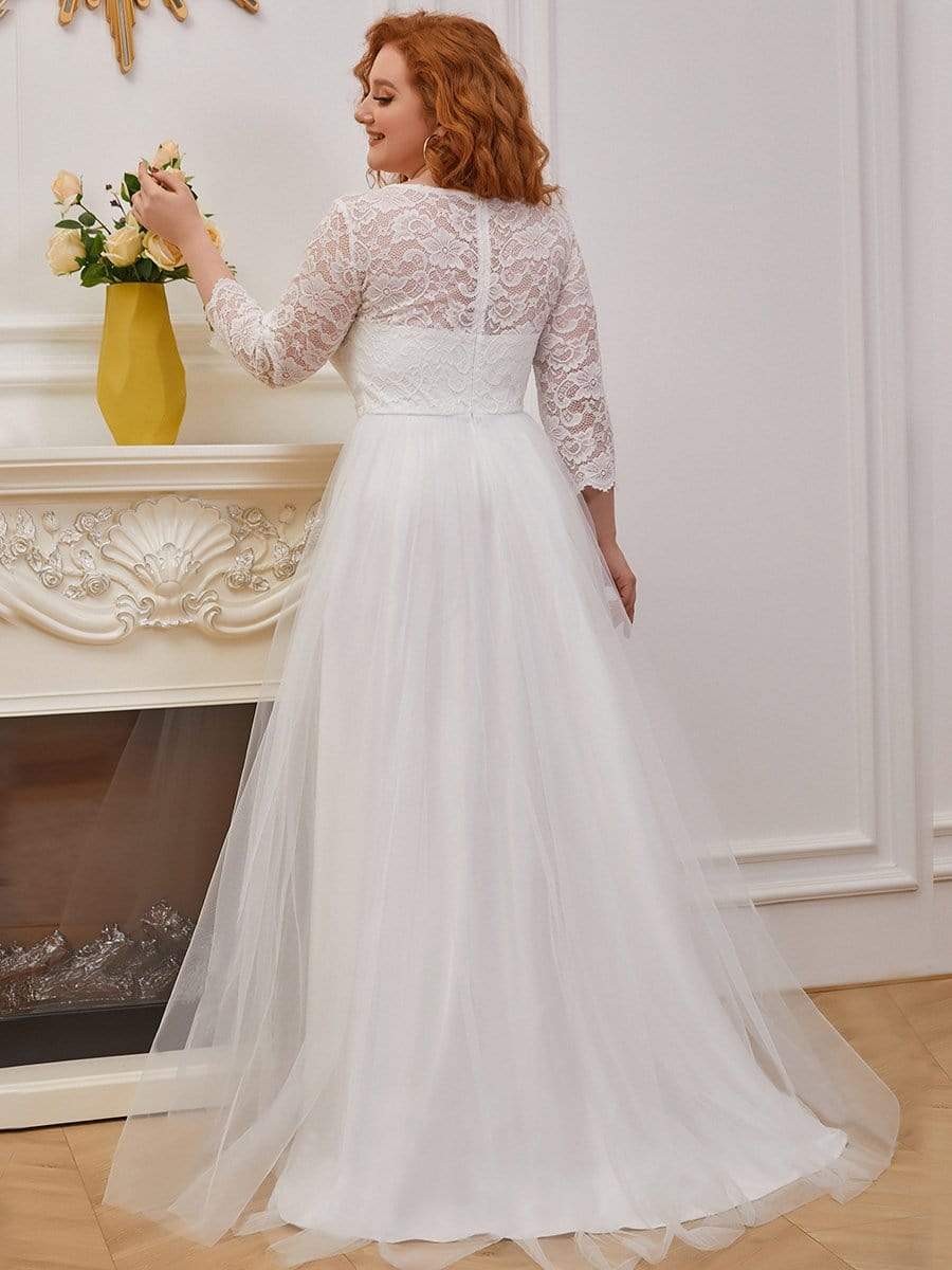 Color=Cream | Romantic A-Line Plus Size Tulle Wedding Dress With Lace-Cream 3 Color=Cream | Romantic A-Line Plus Size Tulle Wedding Dress With Lace-Cream 3
