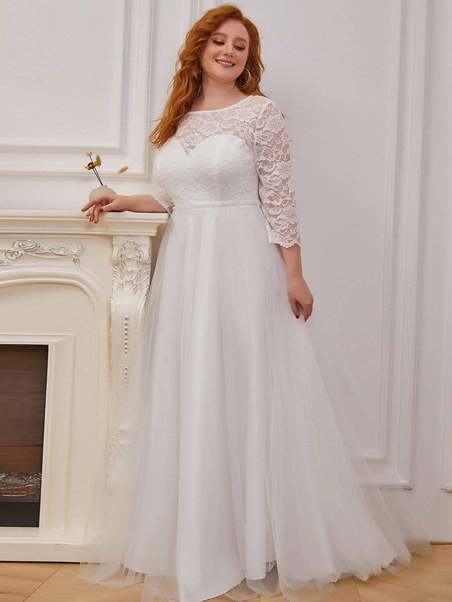 Color=Cream | Romantic A-Line Plus Size Tulle Wedding Dress With Lace-Cream 4 Color=Cream | Romantic A-Line Plus Size Tulle Wedding Dress With Lace-Cream 4