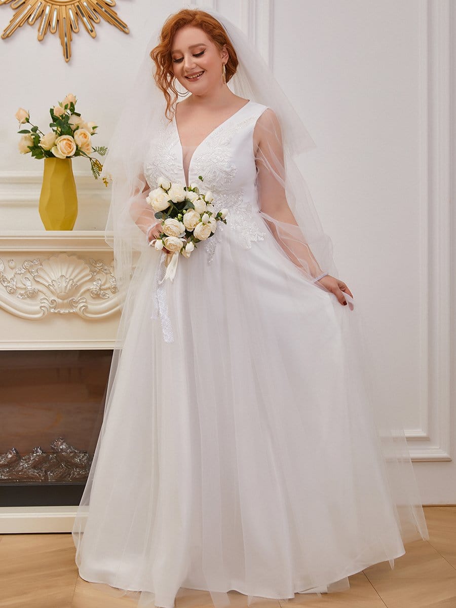 Color=Cream | Plus-Size Sheer Sleeve Beaded Long Wedding Dress-Cream 3 Color=Cream | Plus-Size Sheer Sleeve Beaded Long Wedding Dress-Cream 3