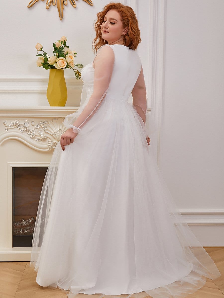 Color=Cream | Plus-Size Sheer Sleeve Beaded Long Wedding Dress-Cream 4 Color=Cream | Plus-Size Sheer Sleeve Beaded Long Wedding Dress-Cream 4