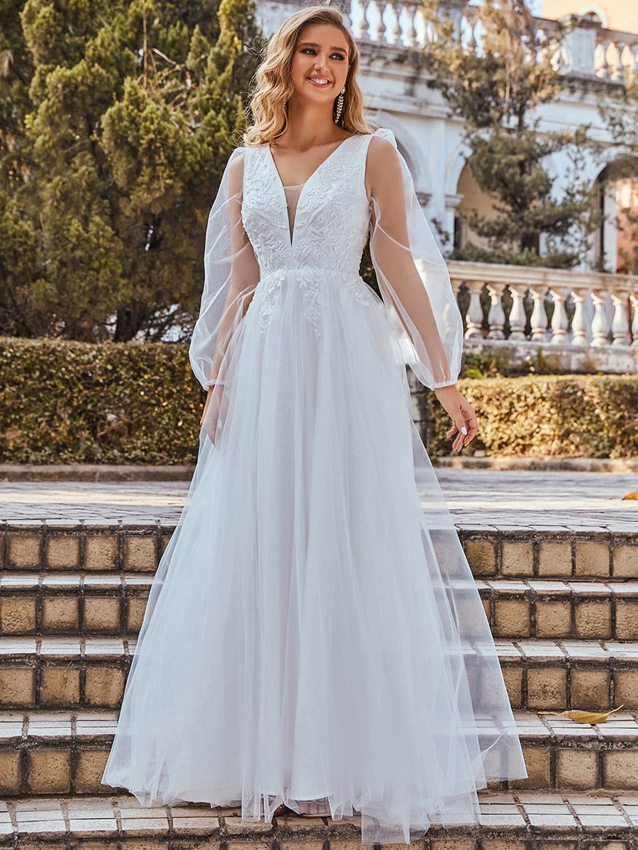 Color=Cream | Elegant V-Neck Applique Long Lantern Sleeves Tulle Wedding Gown-Cream 1 Color=Cream | Elegant V-Neck Applique Long Lantern Sleeves Tulle Wedding Gown-Cream 1