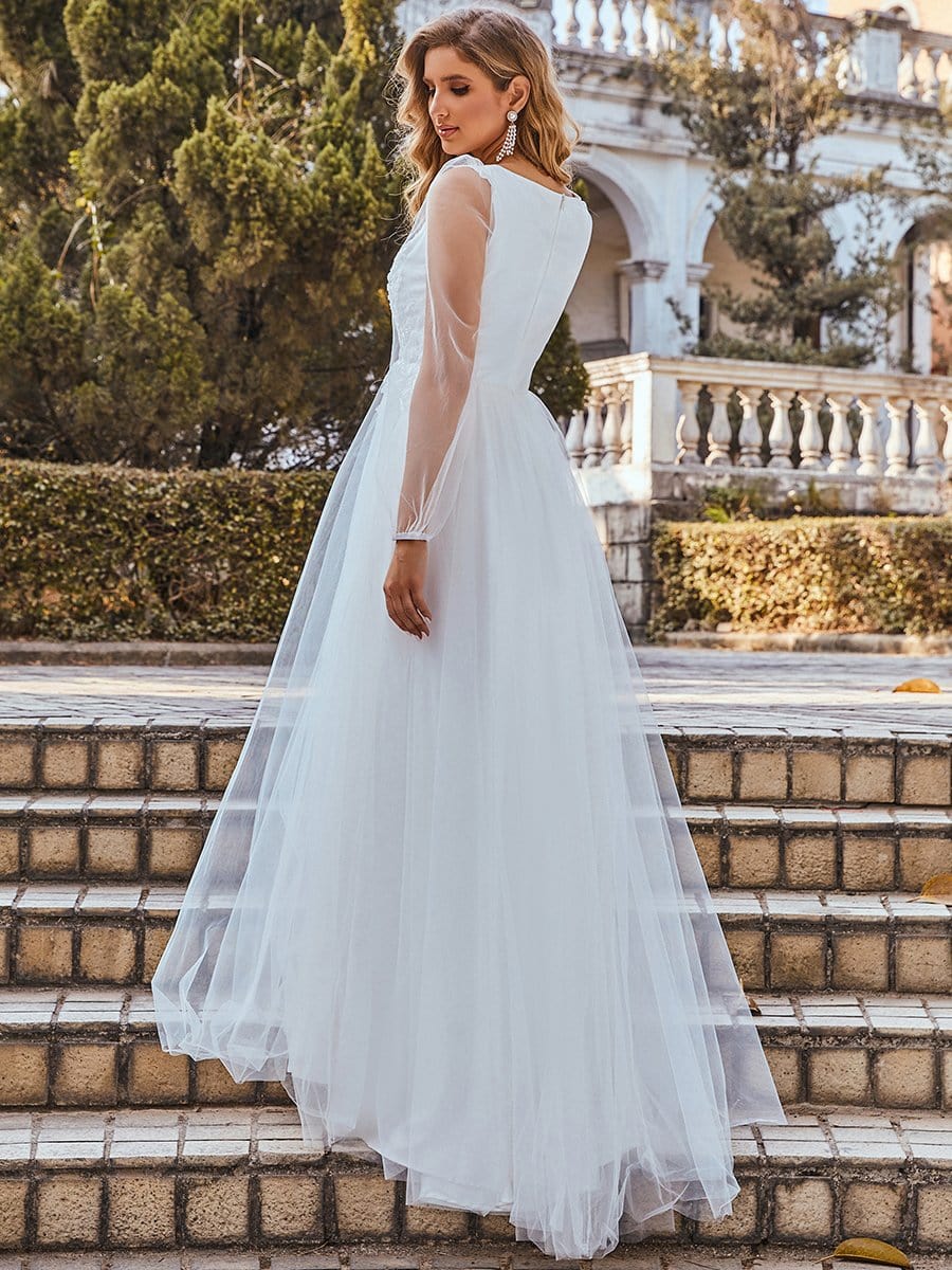 Color=Cream | Elegant V-Neck Applique Long Lantern Sleeves Tulle Wedding Gown-Cream 2 Color=Cream | Elegant V-Neck Applique Long Lantern Sleeves Tulle Wedding Gown-Cream 2